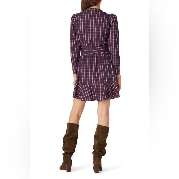 Tanya Taylor Lexi Wrap Dress in Pink Navy Plaid Long Sleeve 8 - Picture 4 of 16